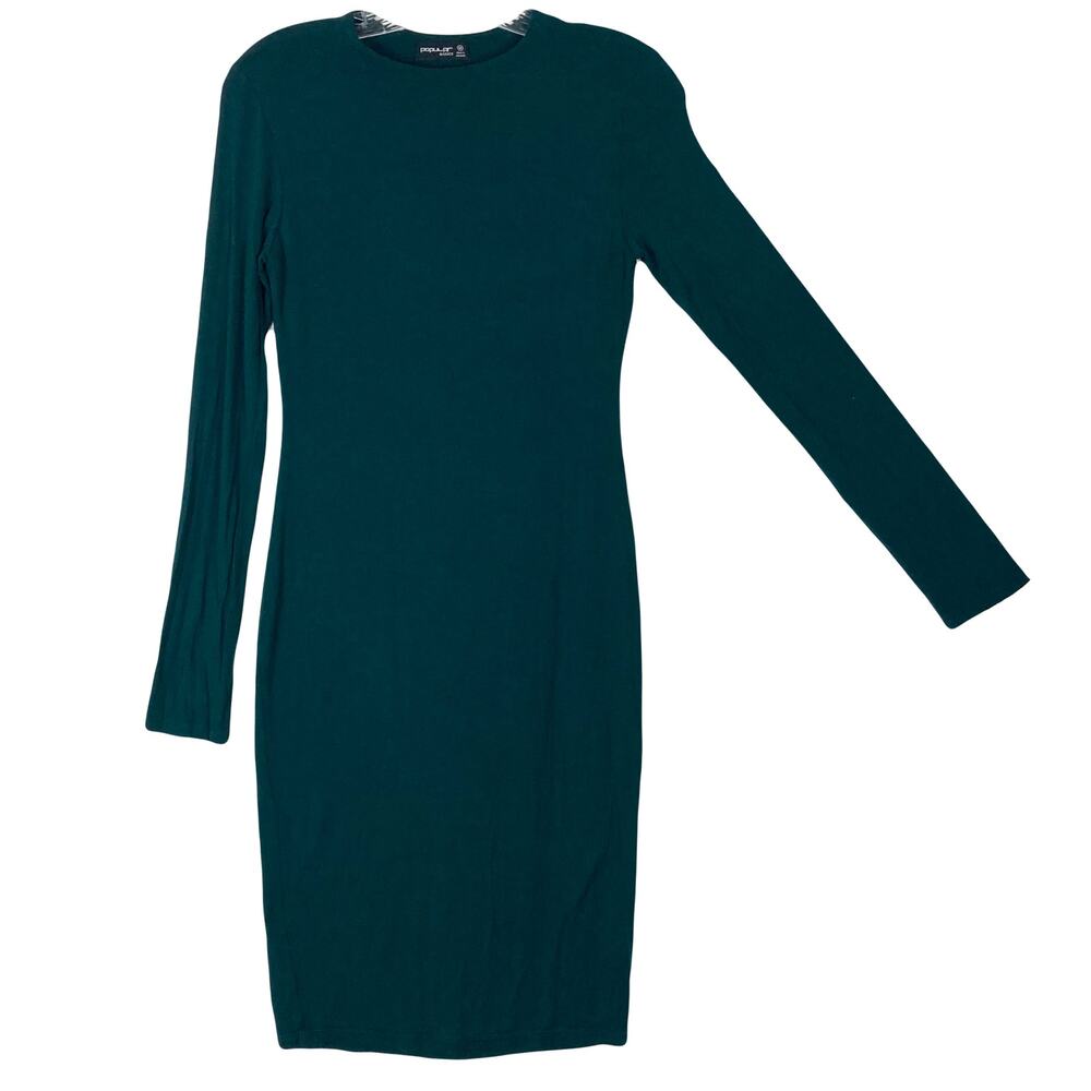 NWOT POPULAR BASICS Dress M Forest-Green Long-Sleeve Stretchy Lined Knee